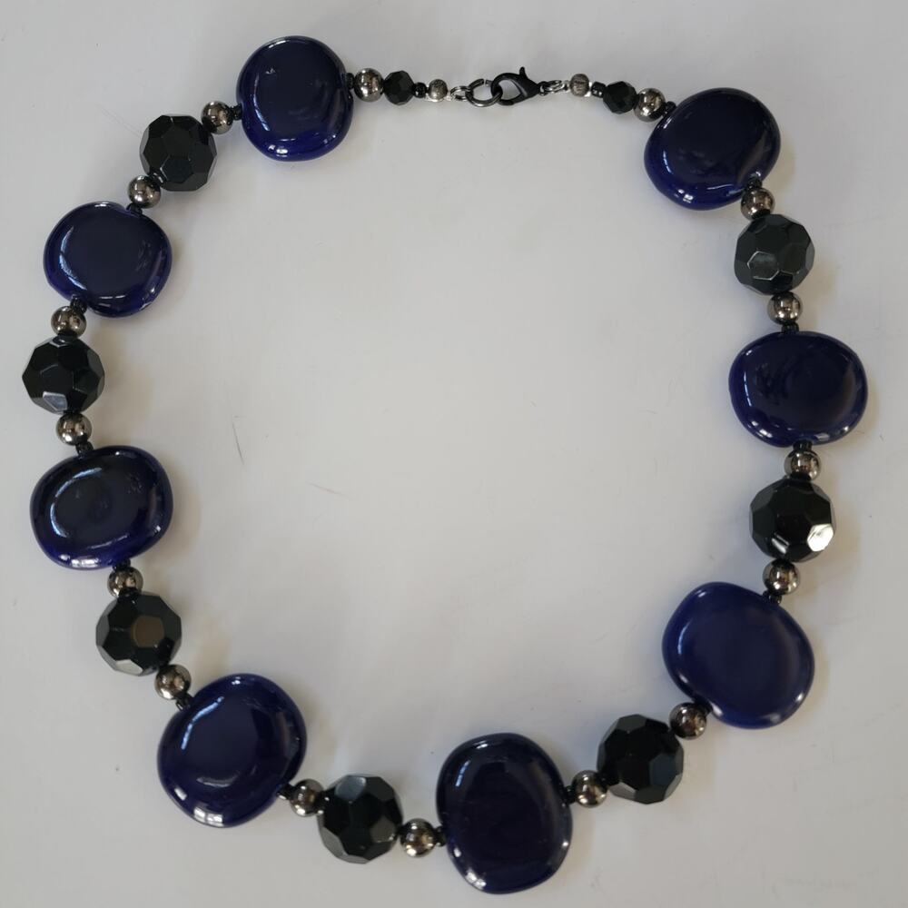 Bold Navy Blue and Black Beaded Statement Necklace with Chunky Oval Beads Retro